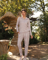 Women's pajamas with lace buttons on the chest and shoulder