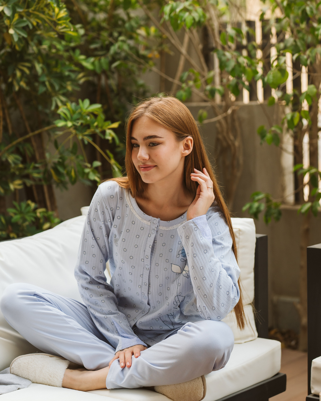 flower بيجامه حريمي فتح أزرار كم طويل طباعة ورد