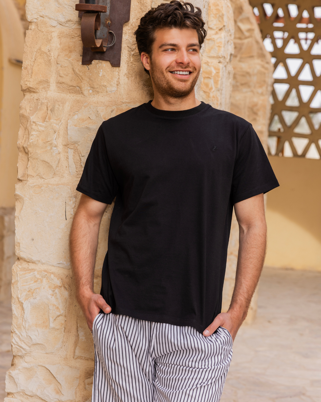 بيجاما رجالي نص كم و شورت تطريز حصان شورت مقلم