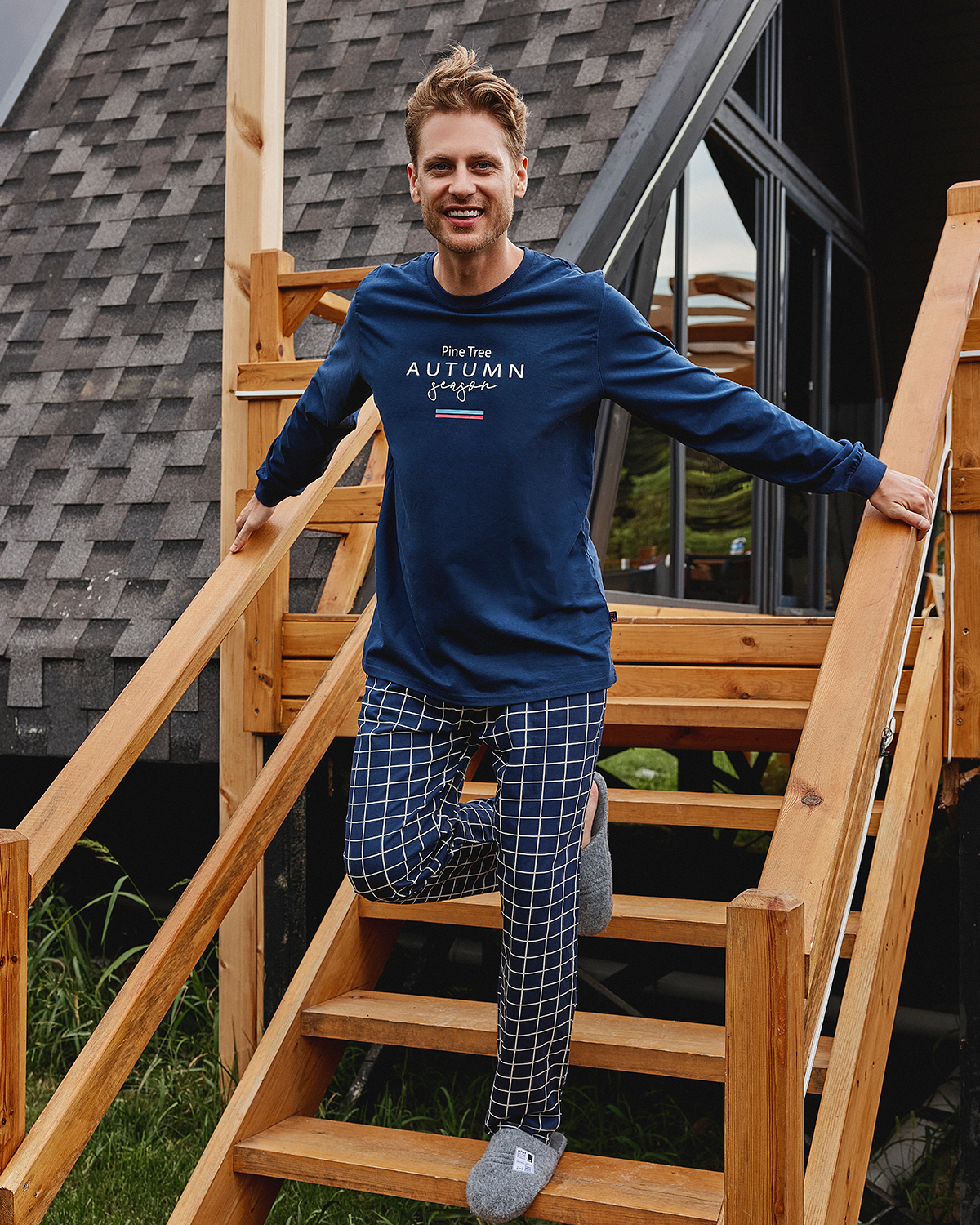 Pine tree autumn season men's long sleeve pajamas, Melton