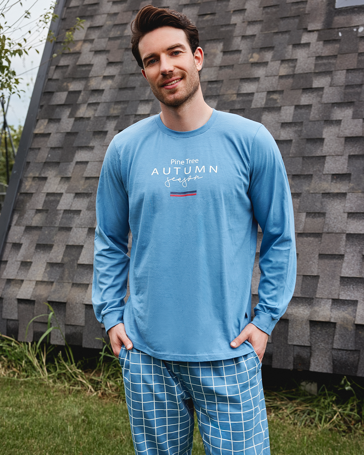 Pine tree autumn season men's long sleeve pajamas, Melton