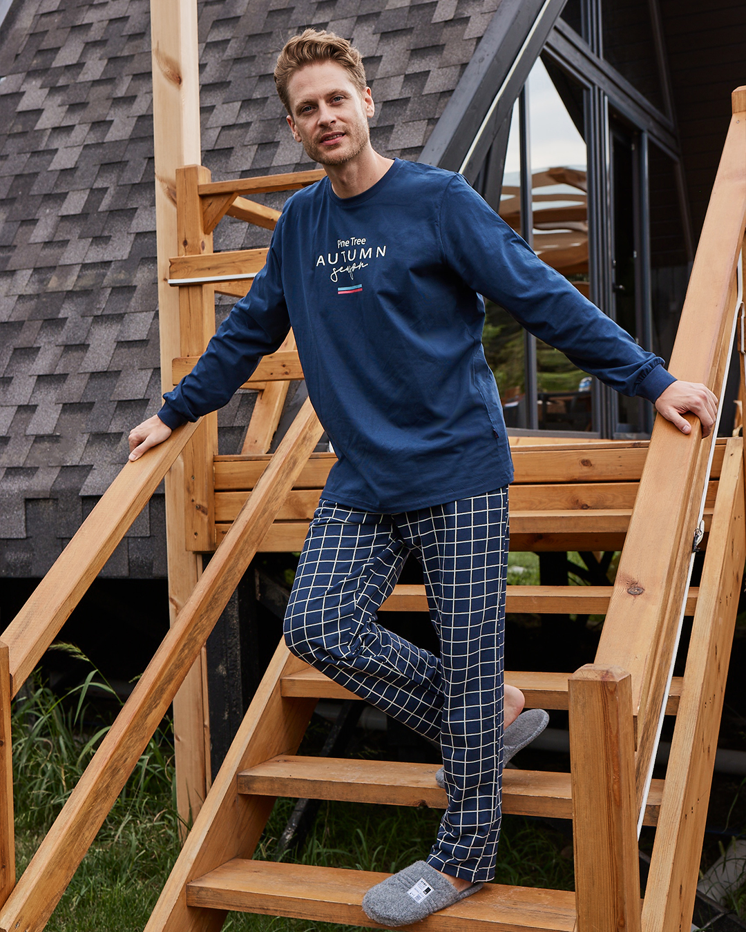 Pine tree autumn season men's long sleeve pajamas, Melton