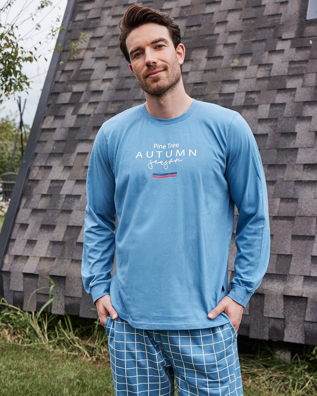 Pine tree autumn season men's long sleeve pajamas, Melton