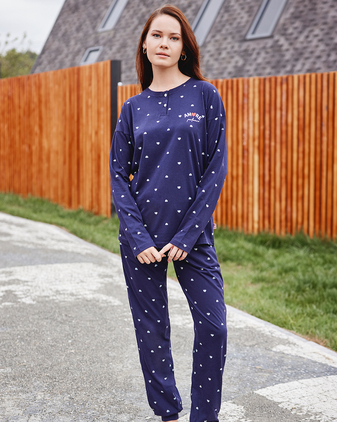 AMORE بيجاما حريمي قطن كم طويل بزراير