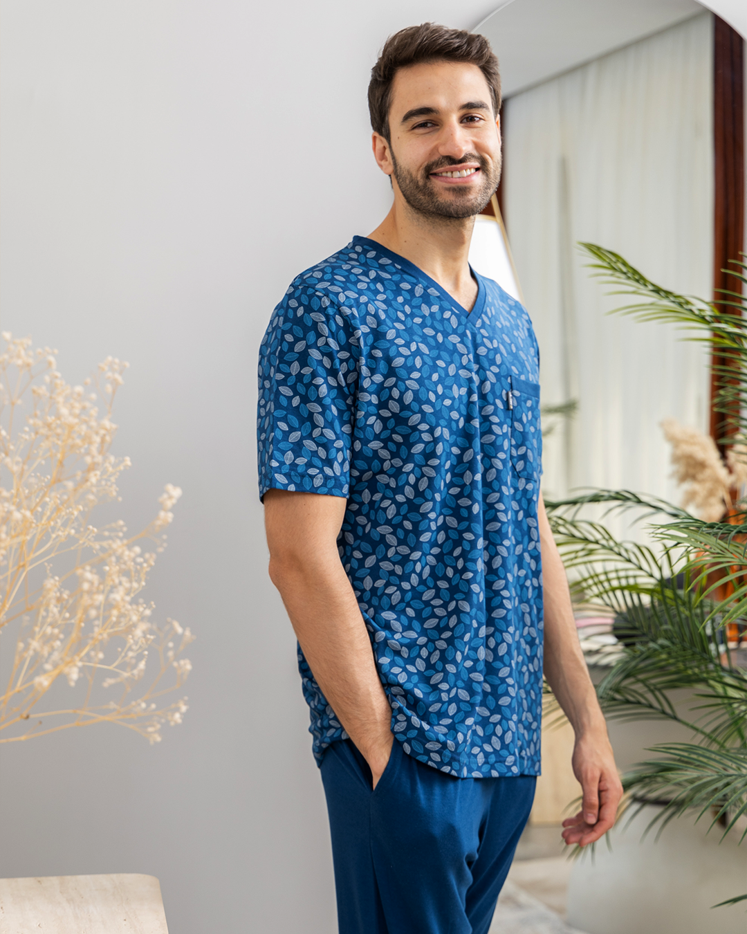 بنطلون جيب صدر ببنده V بيجامه رجالي