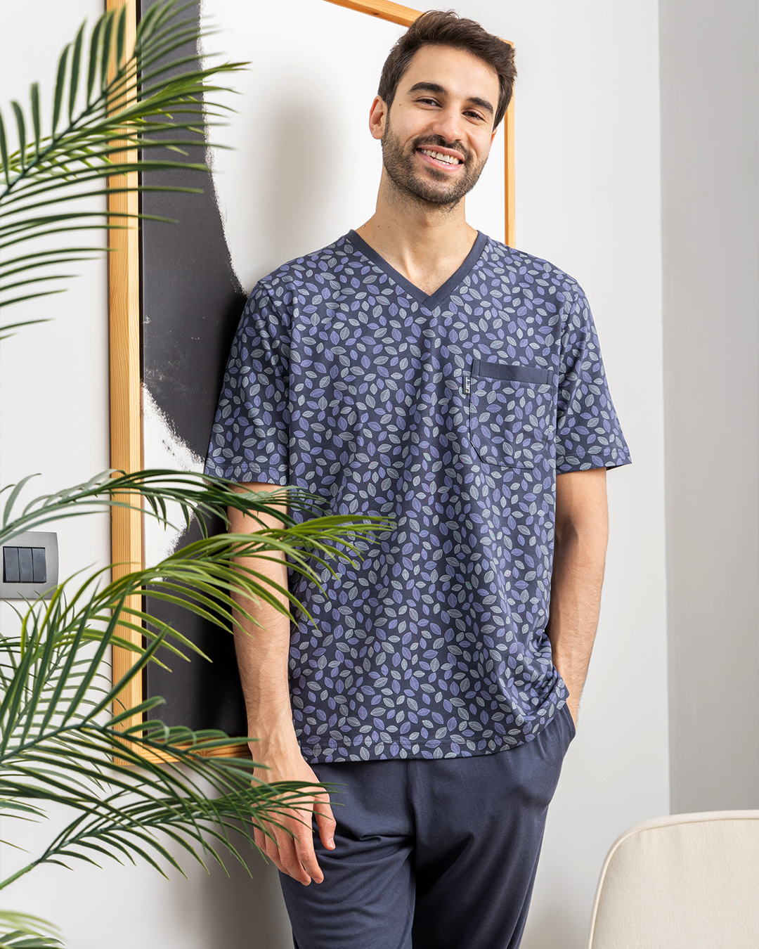 بنطلون جيب صدر ببنده V بيجامه رجالي