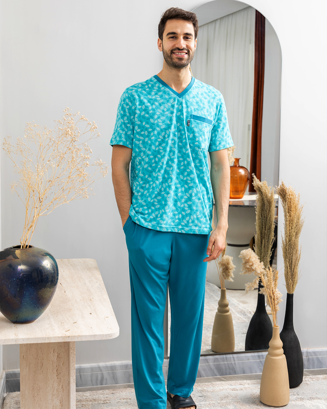 Men's pajama pants with a V-neckline