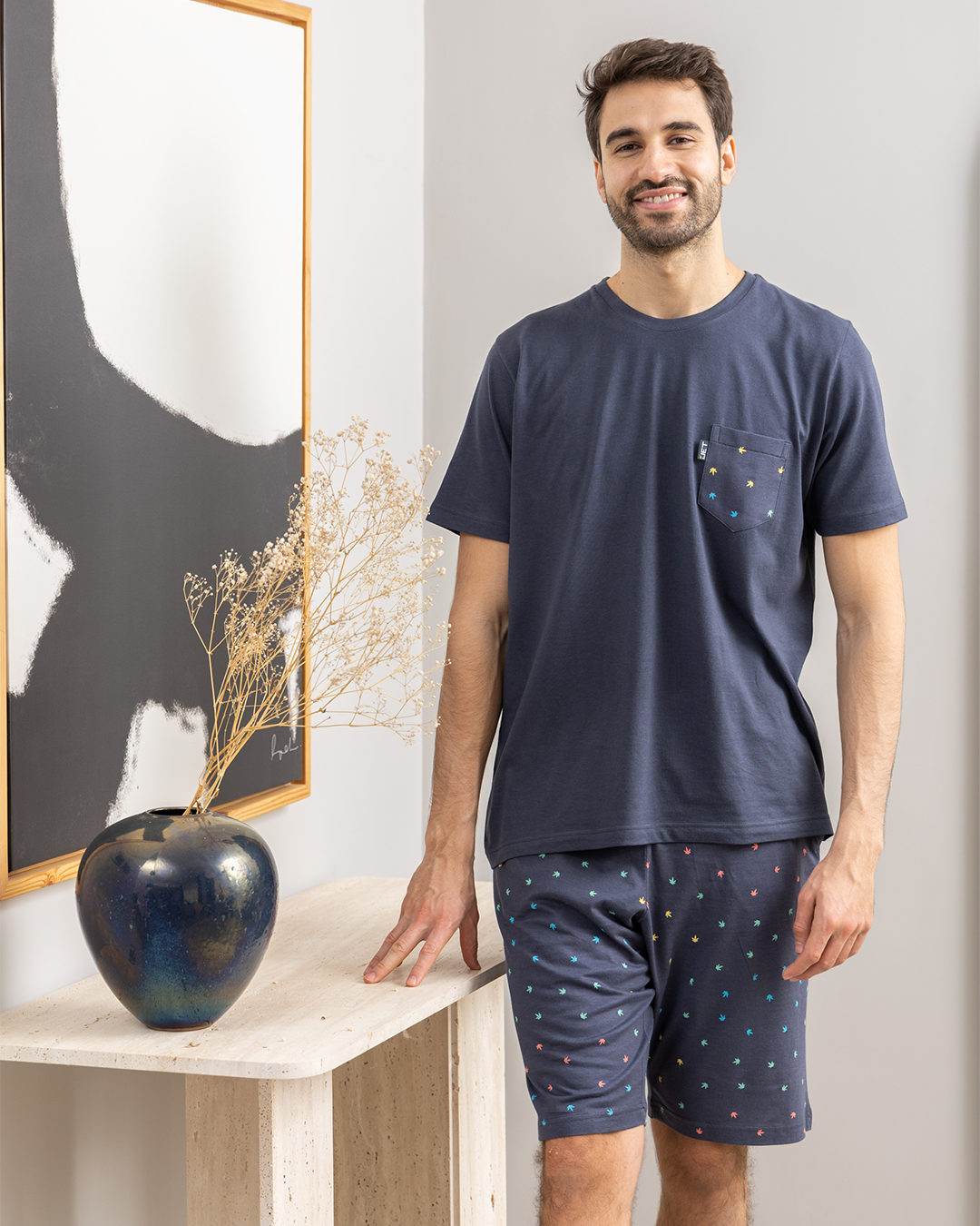 Men's pajamas, round shorts, printed bodice pocket