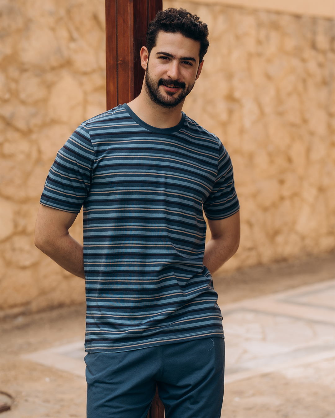 بيجامه رجالي راوند مقلمه شورت ساده