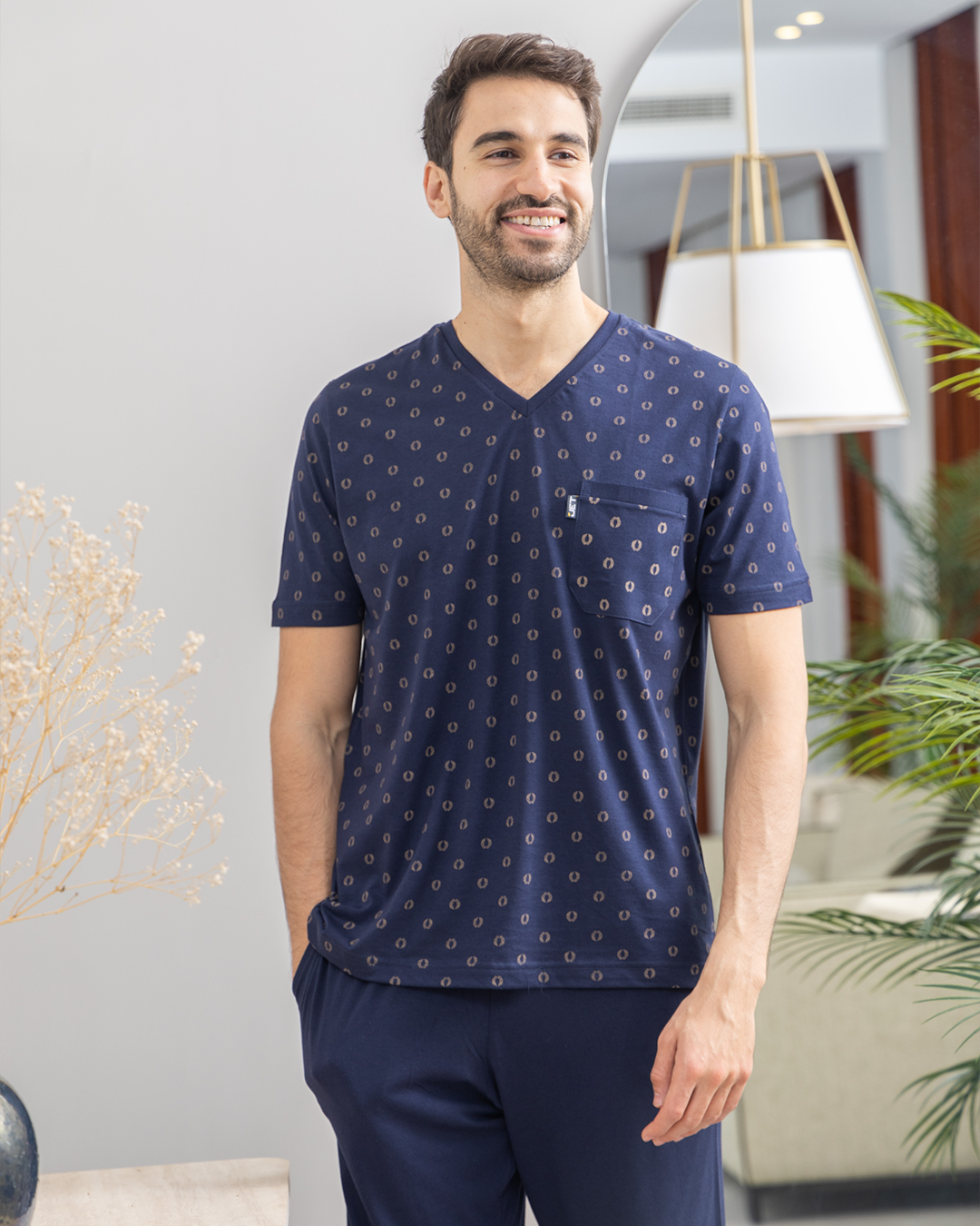 Olive branch print, plain V-neck pajama pants for men