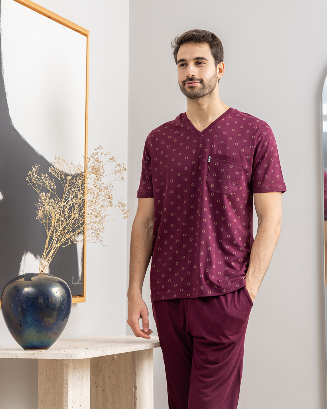 Olive branch print, plain V-neck pajama pants for men