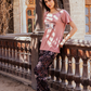Women's pajamas, raglan top, black floral trousers frame print, brick