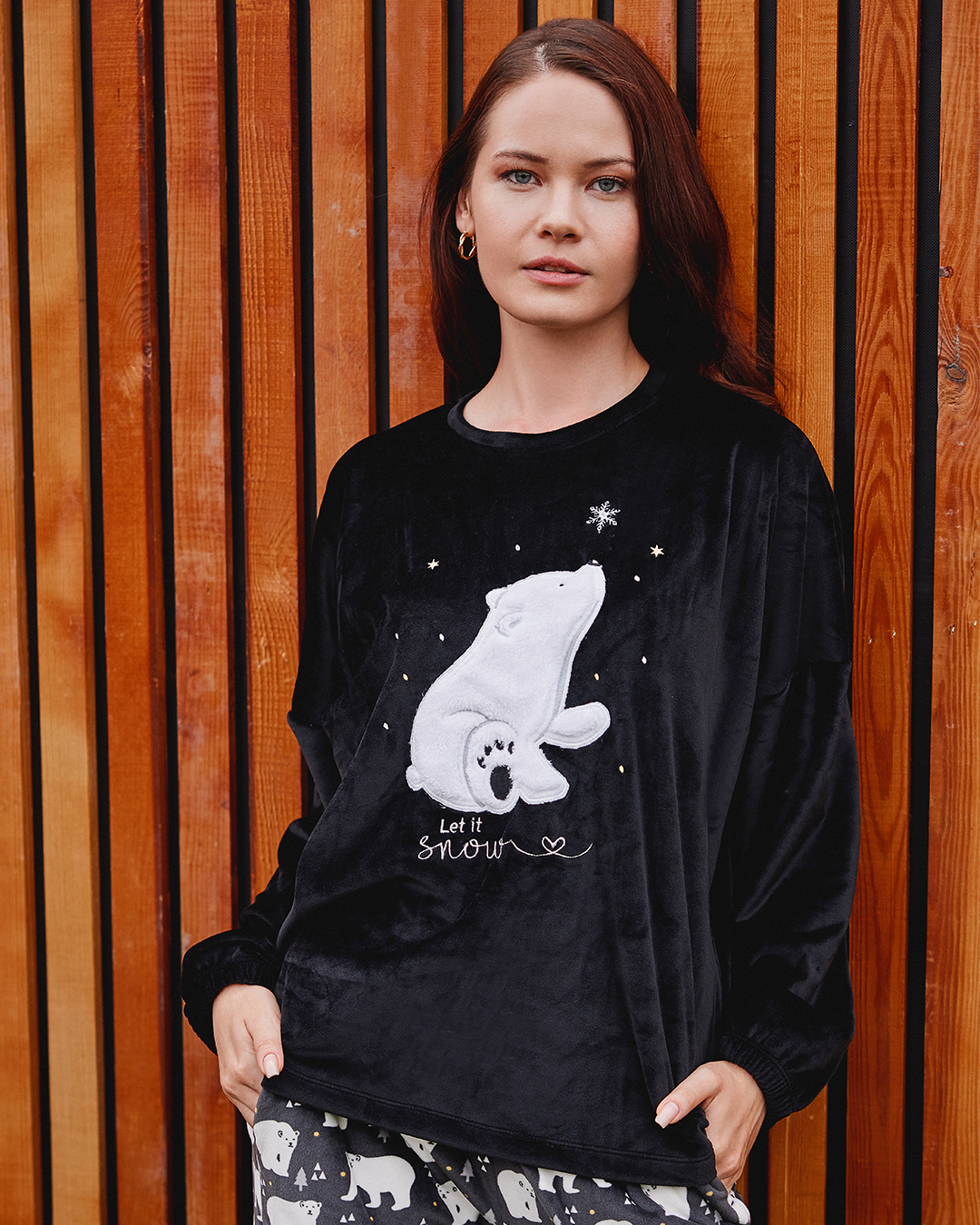 Let it Snow   بيجاما حريمي بكم قطيفة بوليستر