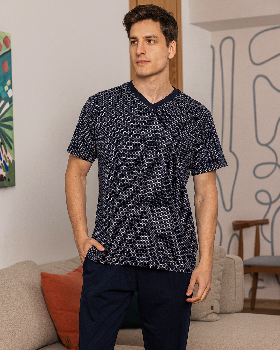 Men's pajamas, half sleeve V, rotary trousers, plain rhombuses