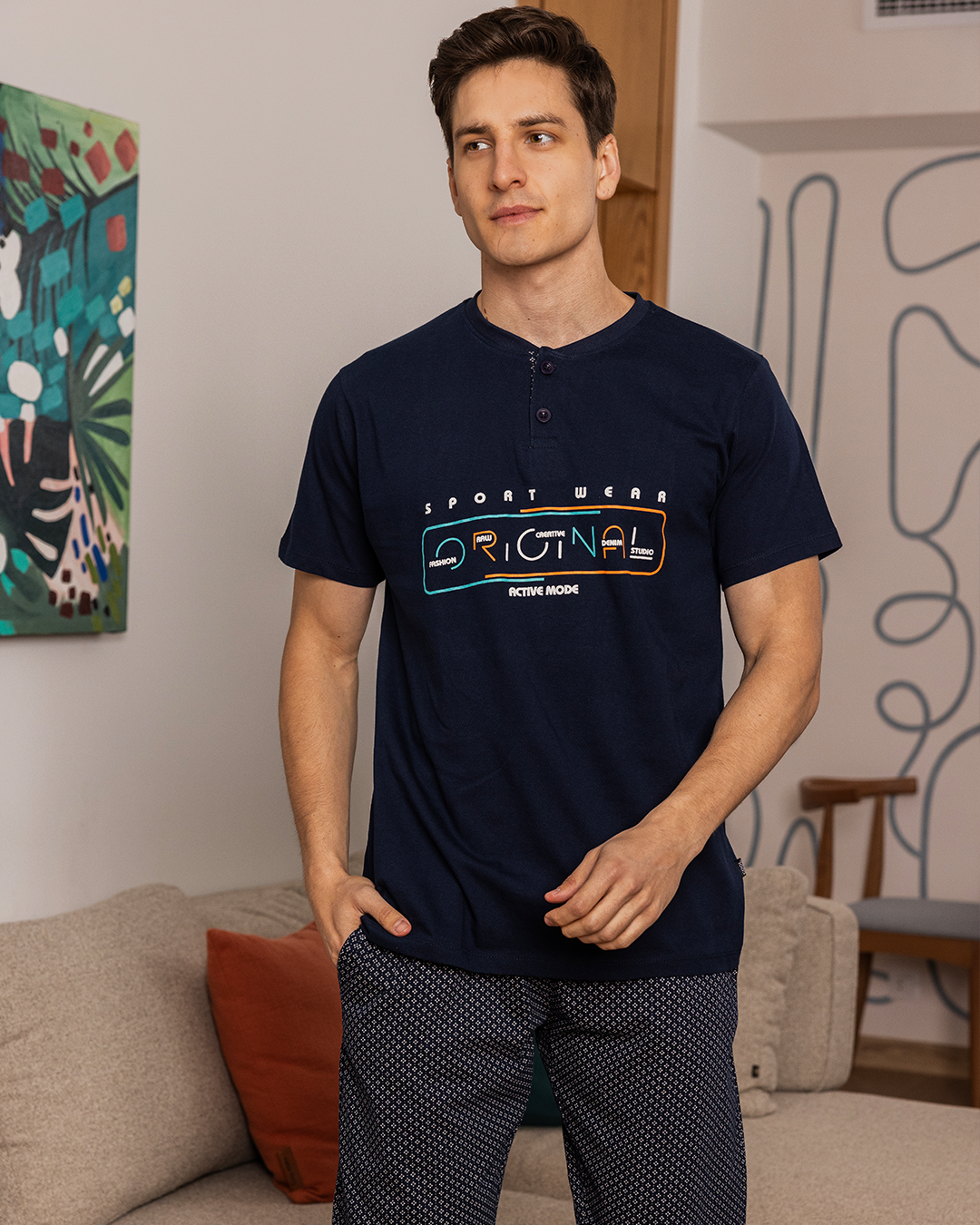 Men's half-sleeve pajamas, double-breasted polo, and rhombic rotary trousers