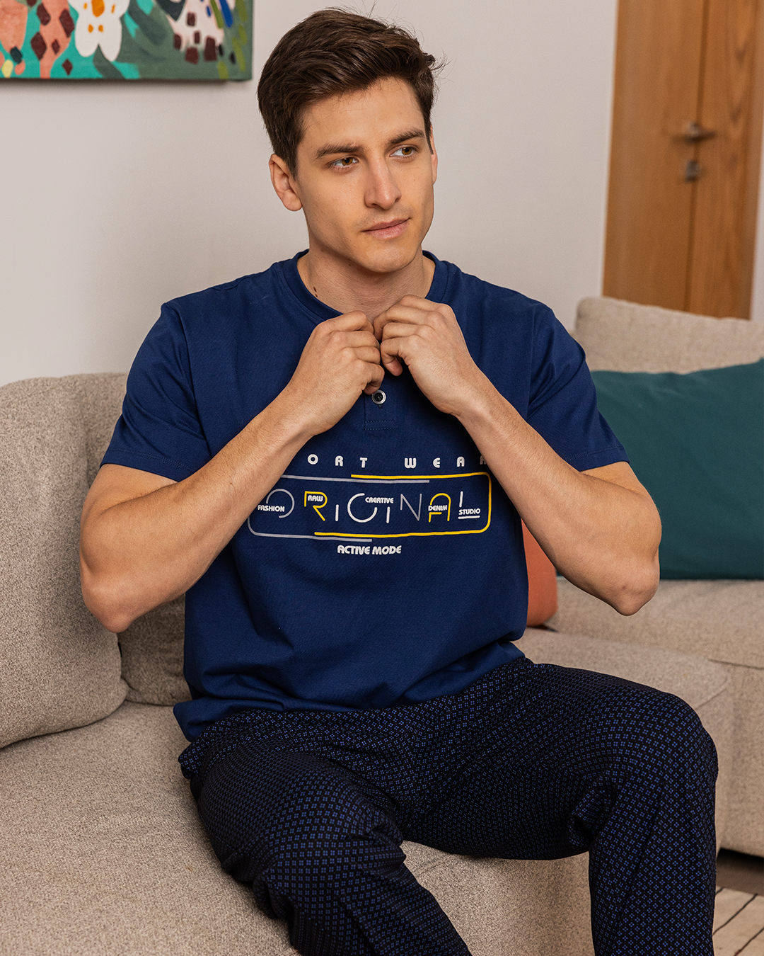 Men's half-sleeve pajamas, double-breasted polo, and rhombic rotary trousers