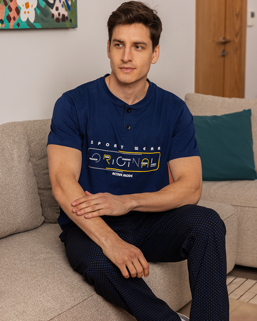Men's half-sleeve pajamas, double-breasted polo, and rhombic rotary trousers