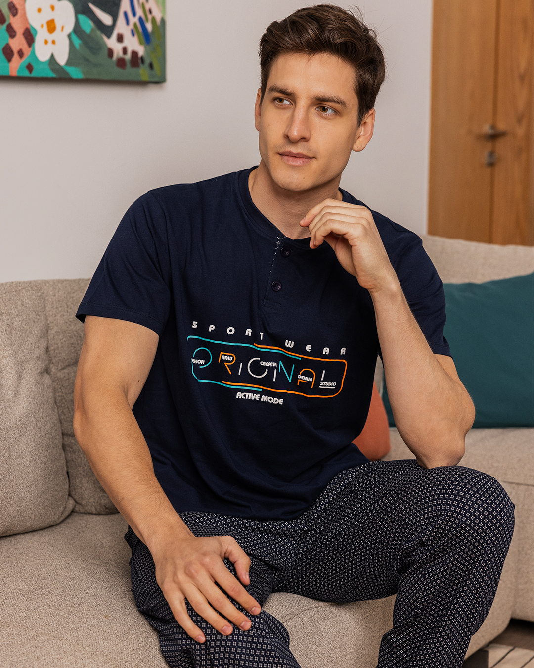 Men's half-sleeve pajamas, double-breasted polo, and rhombic rotary trousers