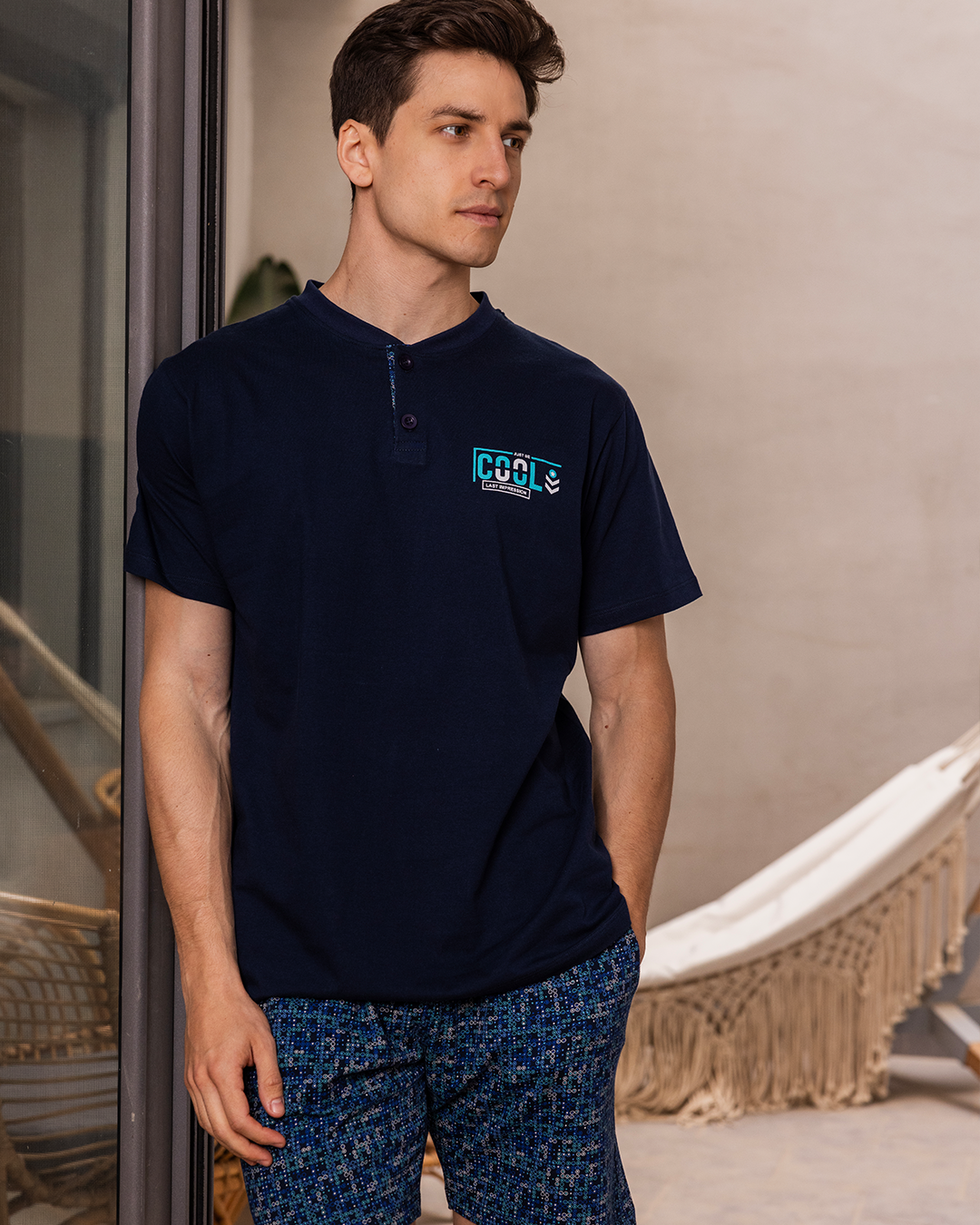 COOL shorts, men's pajamas, half sleeves, worn by a polo shirt
