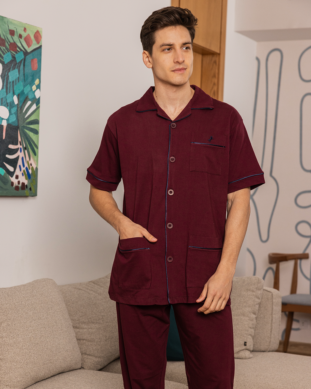 بيجامه رجالي بزراير نص كم مفتوحة تطريز الحصان بنطلون