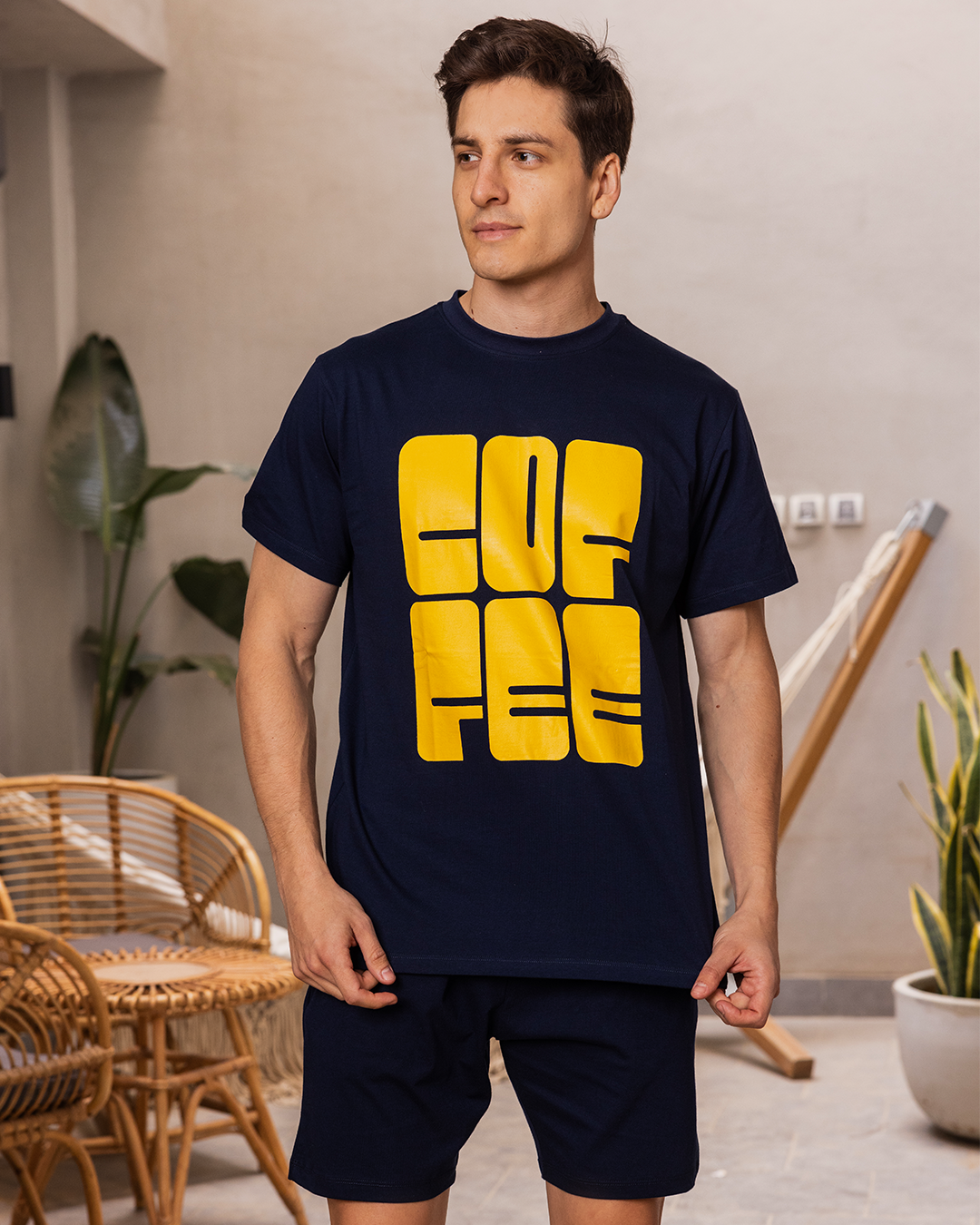 Coffee shorts, men's pajamas, half sleeves, round neck