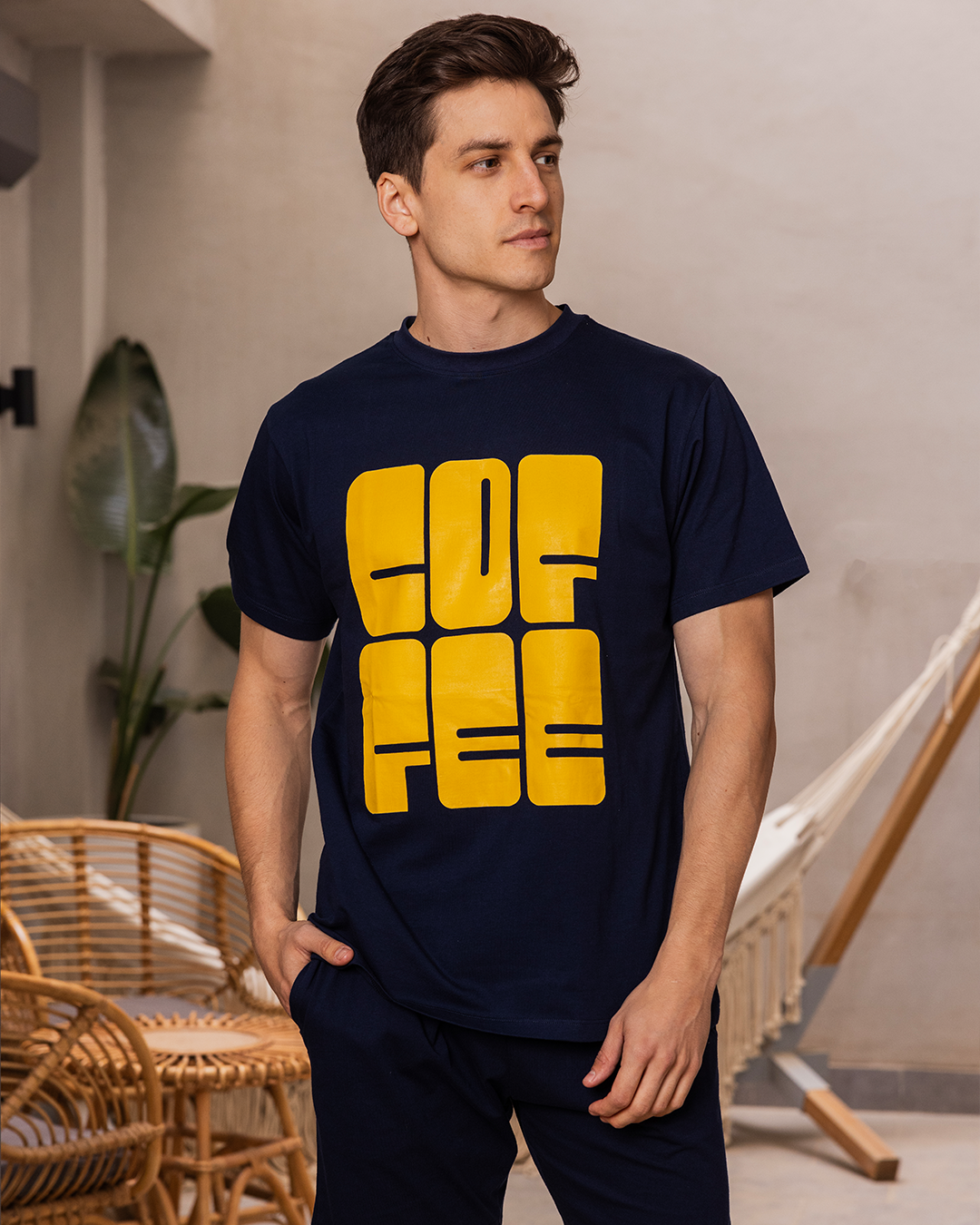 Coffee shorts, men's pajamas, half sleeves, round neck