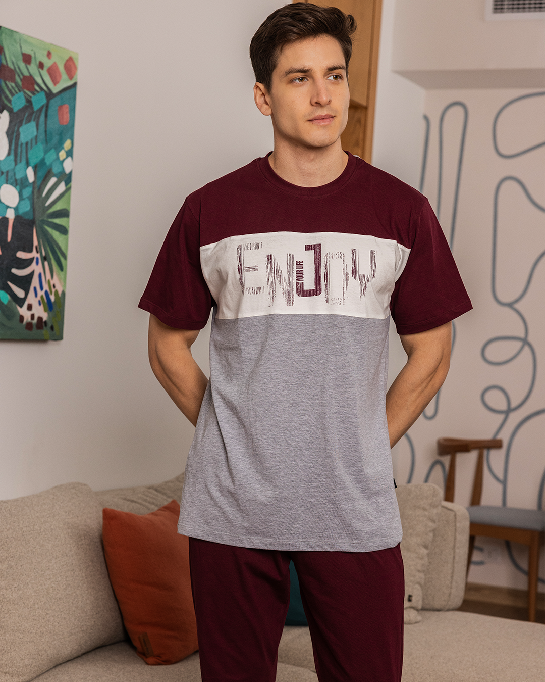 Encooy men's pajama trousers, half sleeves, rounded and cut
