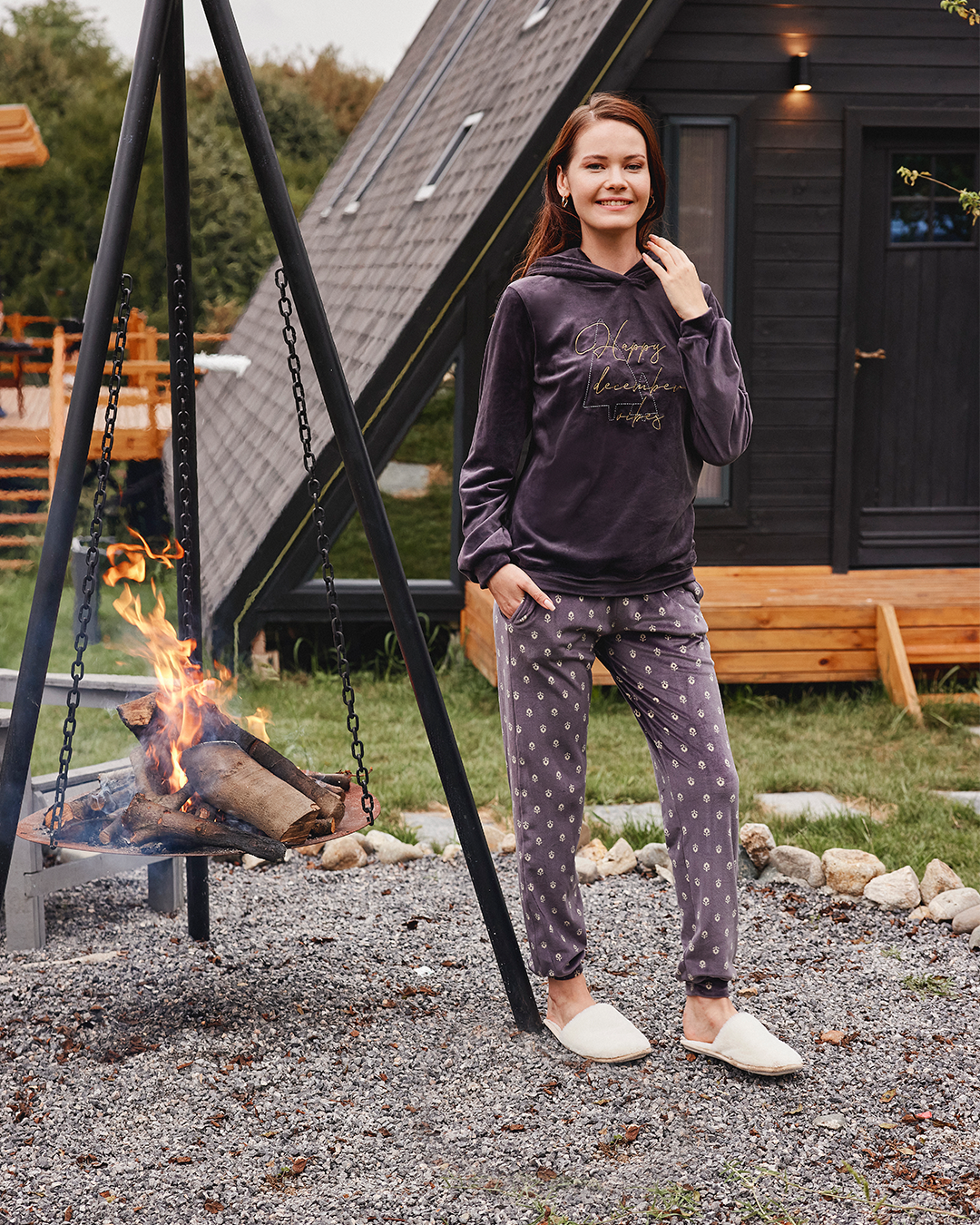 Happy Holidays بيجاما حريمي قطيفة بوليستر كُم طويل