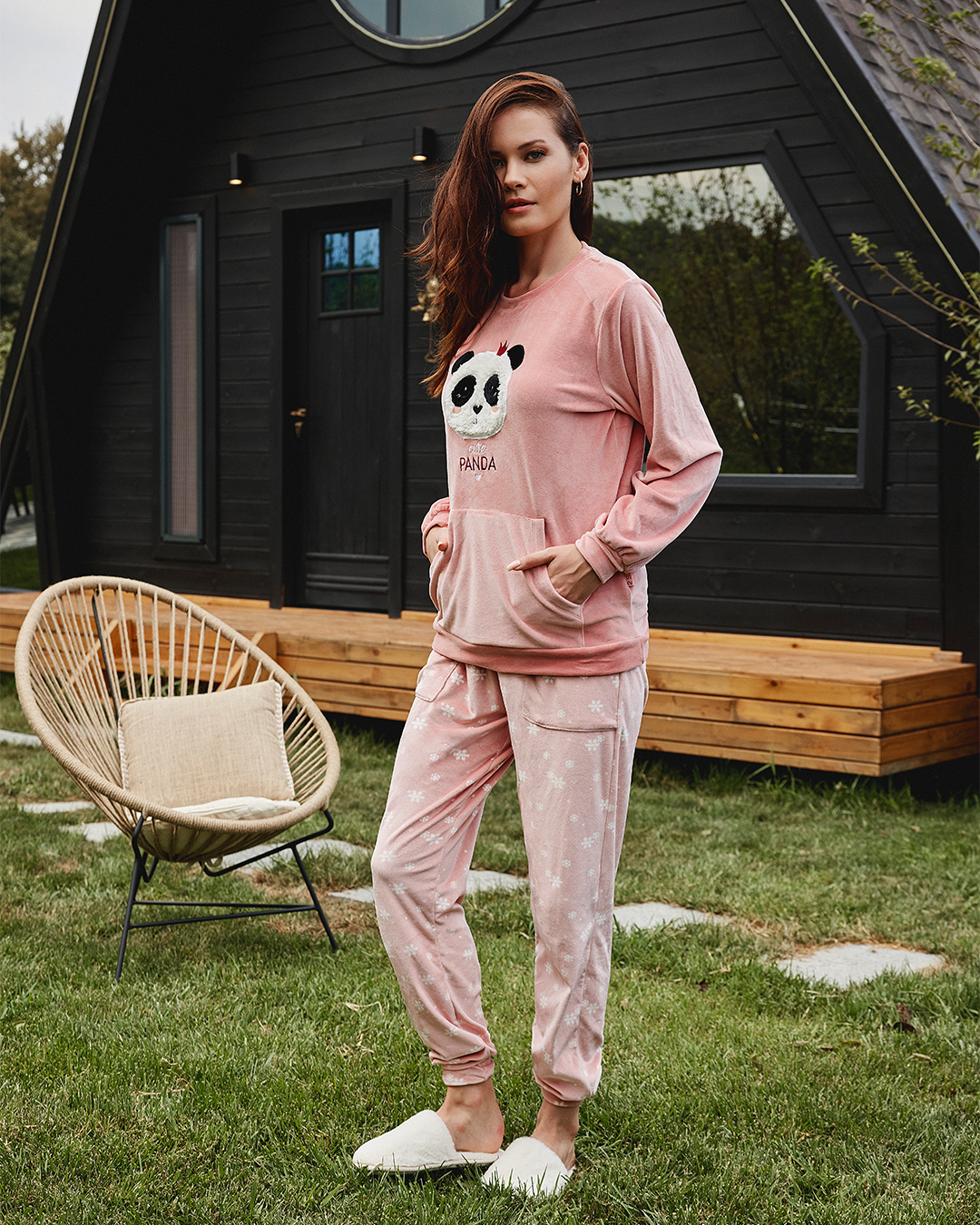 Cute Panda بيجاما حريمي قطيفة بوليستر