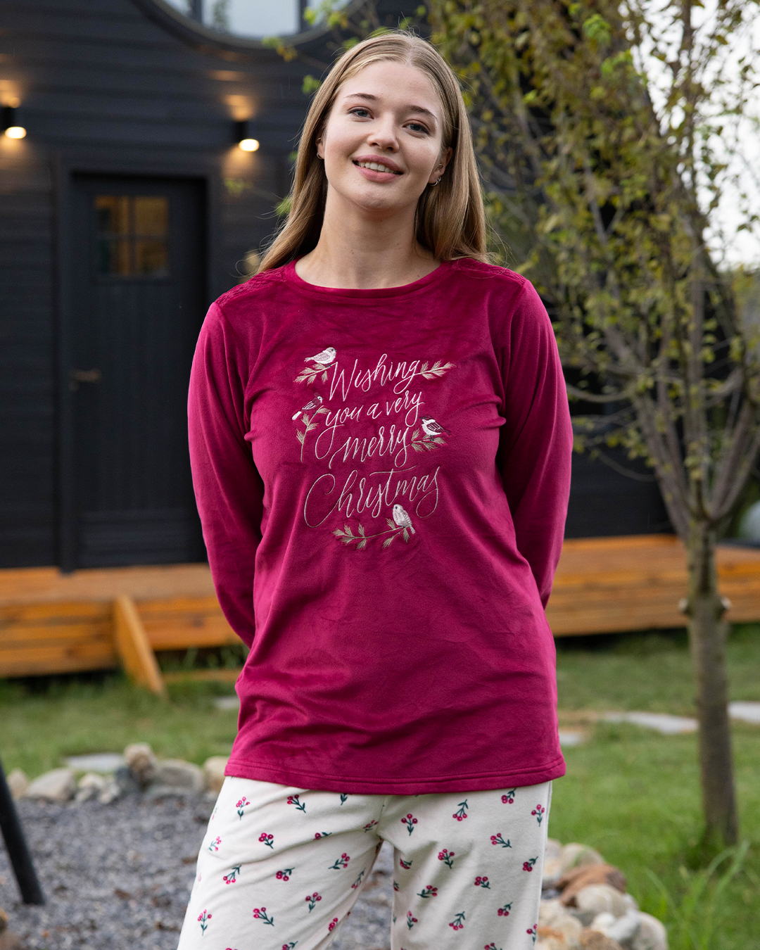 birds and wishes بيجاما حريمي قطيفة بوليستر كُم طويل