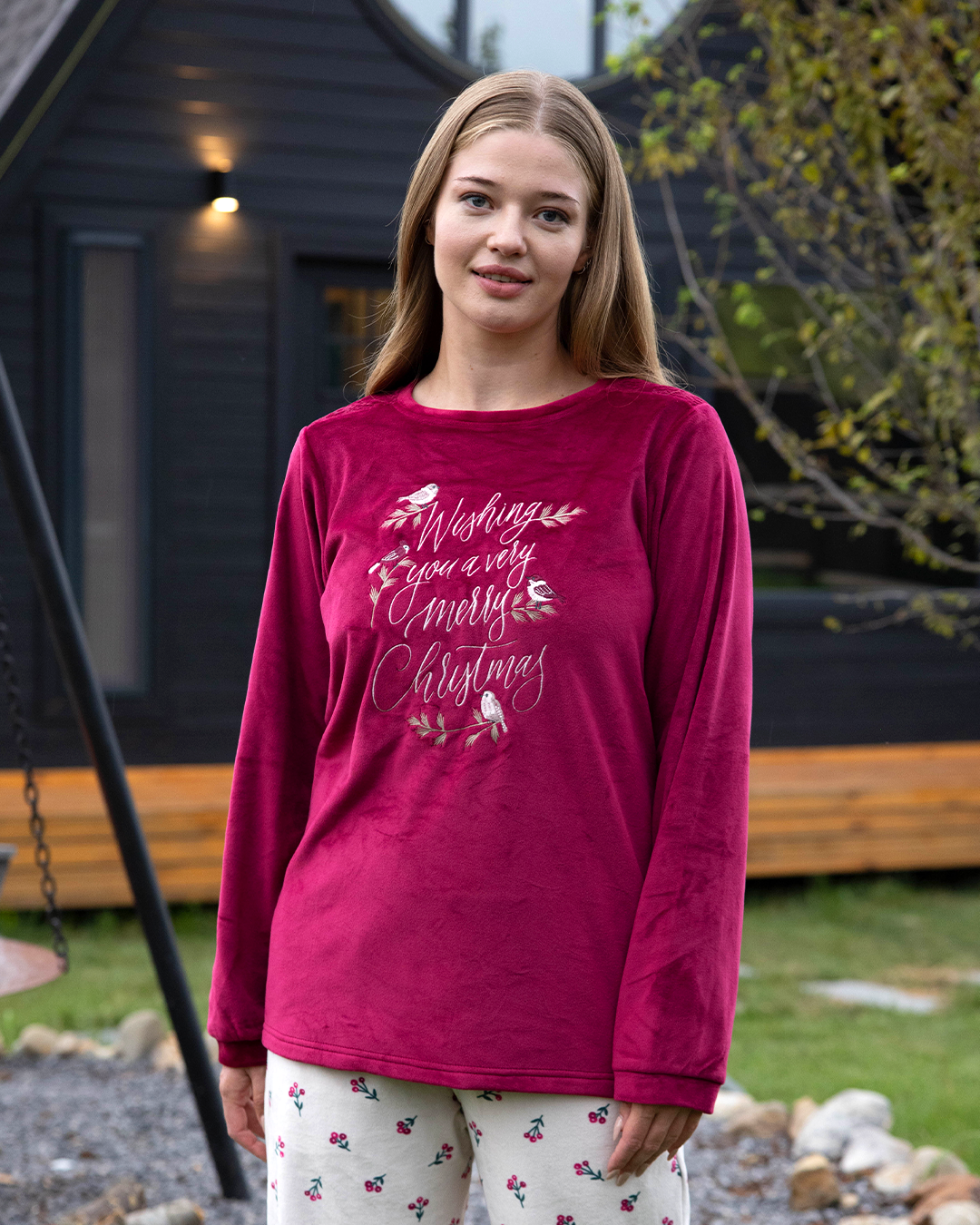 birds and wishes بيجاما حريمي قطيفة بوليستر كُم طويل