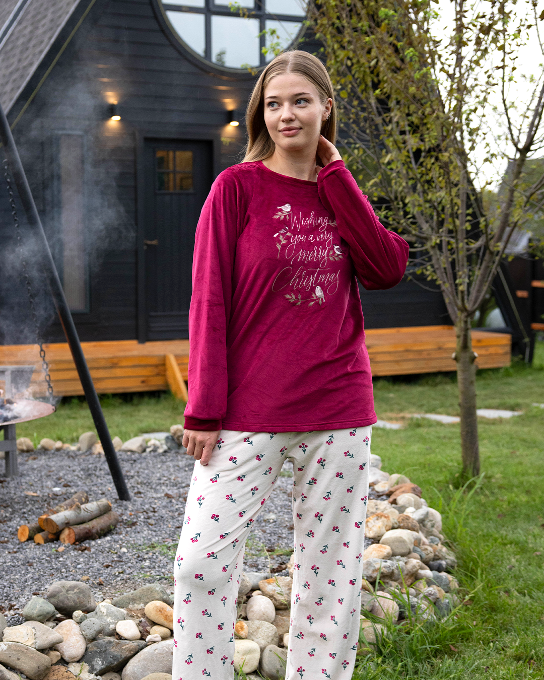 birds and wishes بيجاما حريمي قطيفة بوليستر كُم طويل