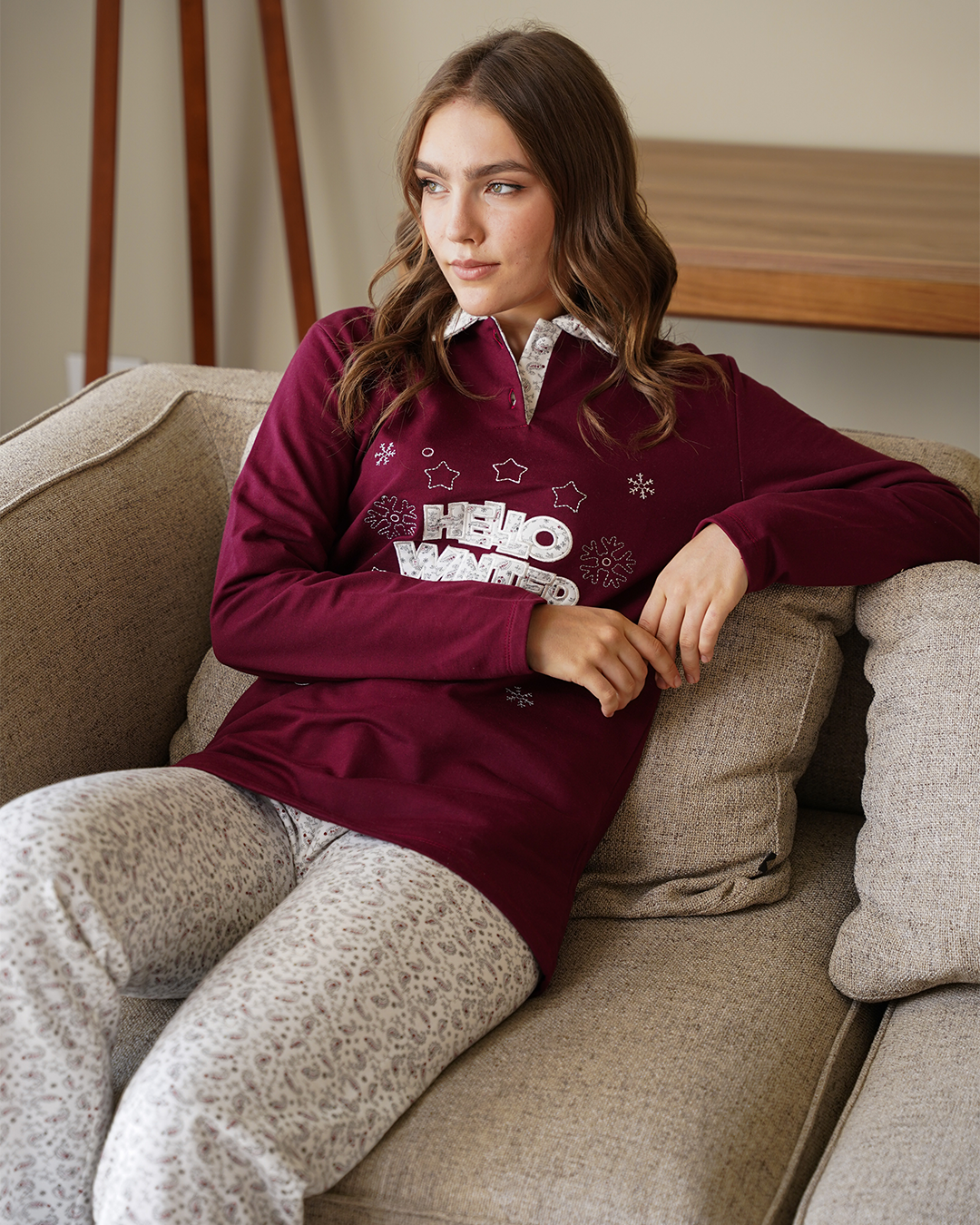 hello winter بيجامه حريمي مردبولو تطريز بنطلون الكشميره ميلتون