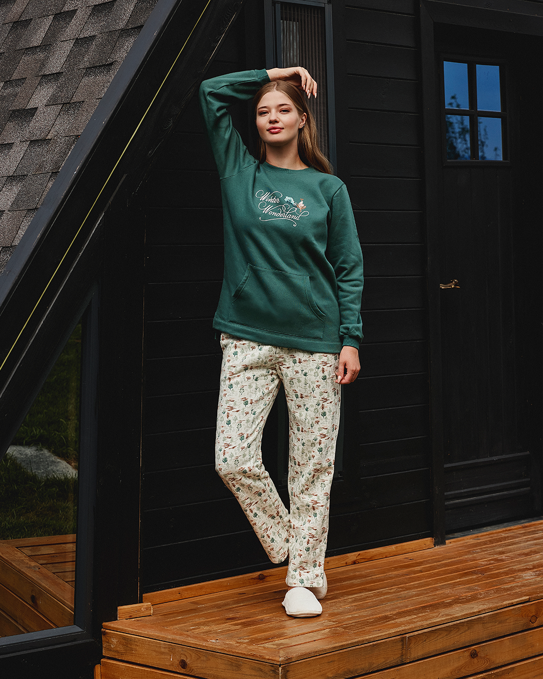 Winter Wonderland بيجاما حريمي كم طويل ميلتون سادة* ميلتون مطبوع