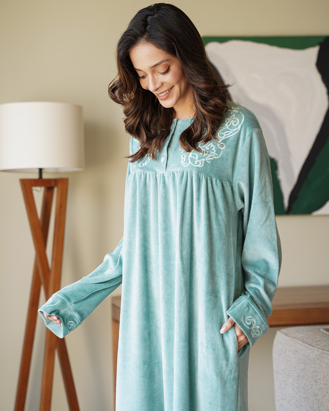 Women's nightgown with velvet rose embroidery