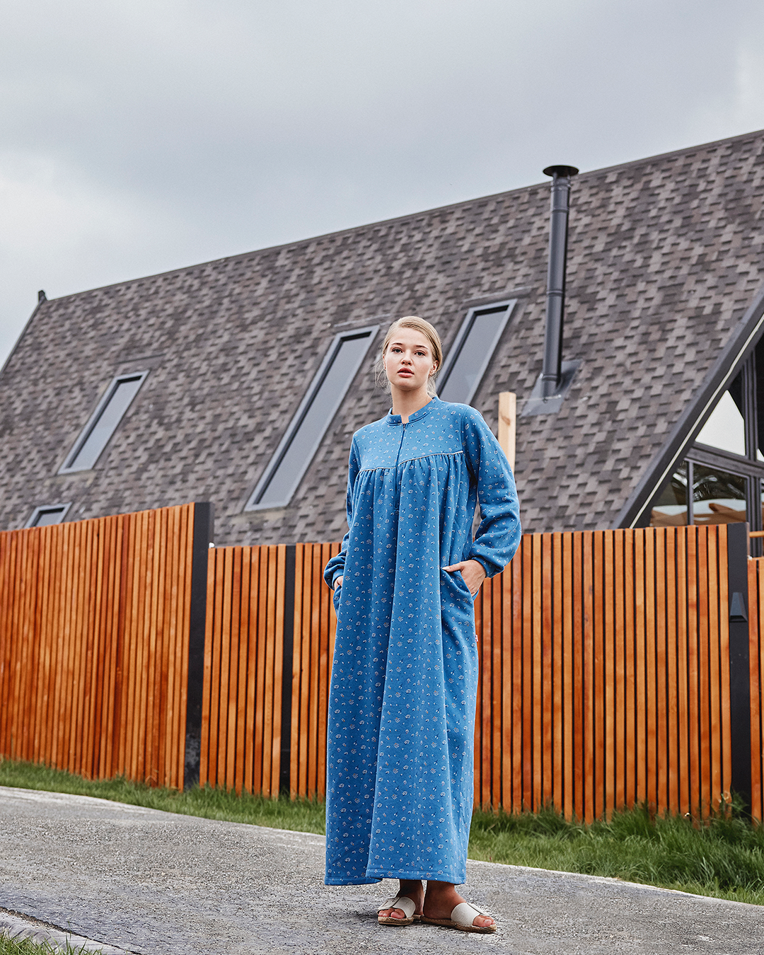 Women's Printed Fleece Half zip Long-sleeve nightgown