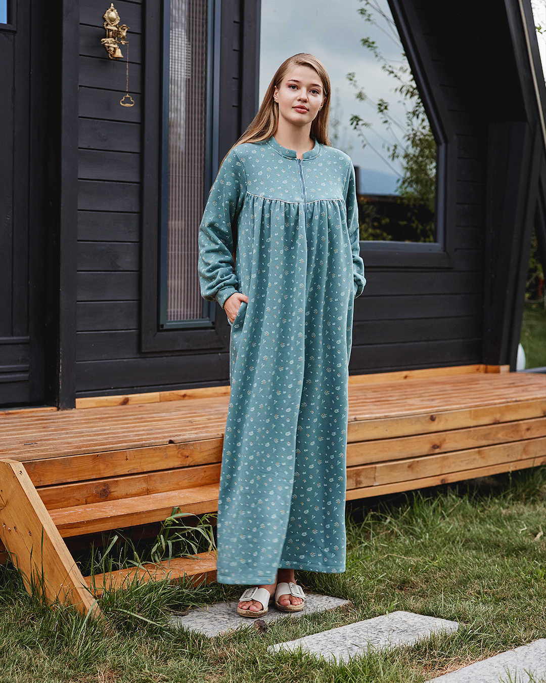 Women's Printed Fleece Half zip Long-sleeve nightgown