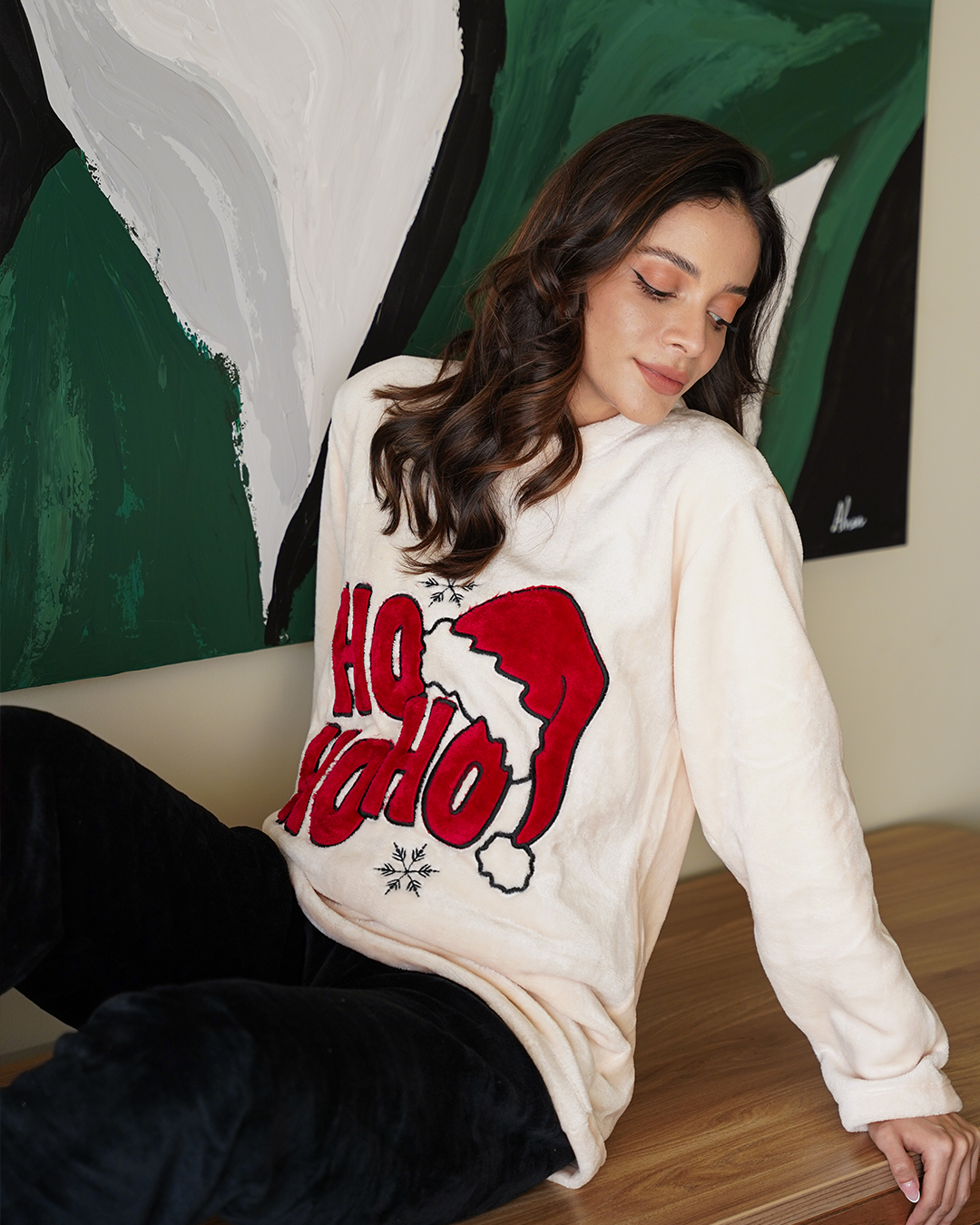 hoho بيجامه حريمي دوران تطريز الكريسماس بولار