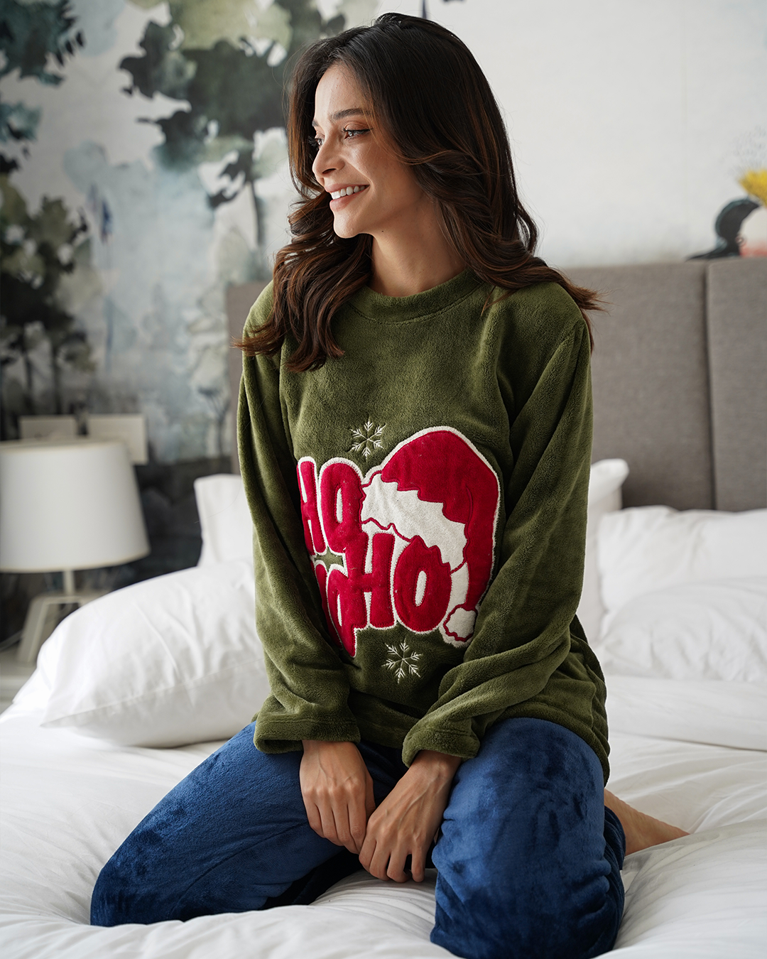 hoho بيجامه حريمي دوران تطريز الكريسماس بولار