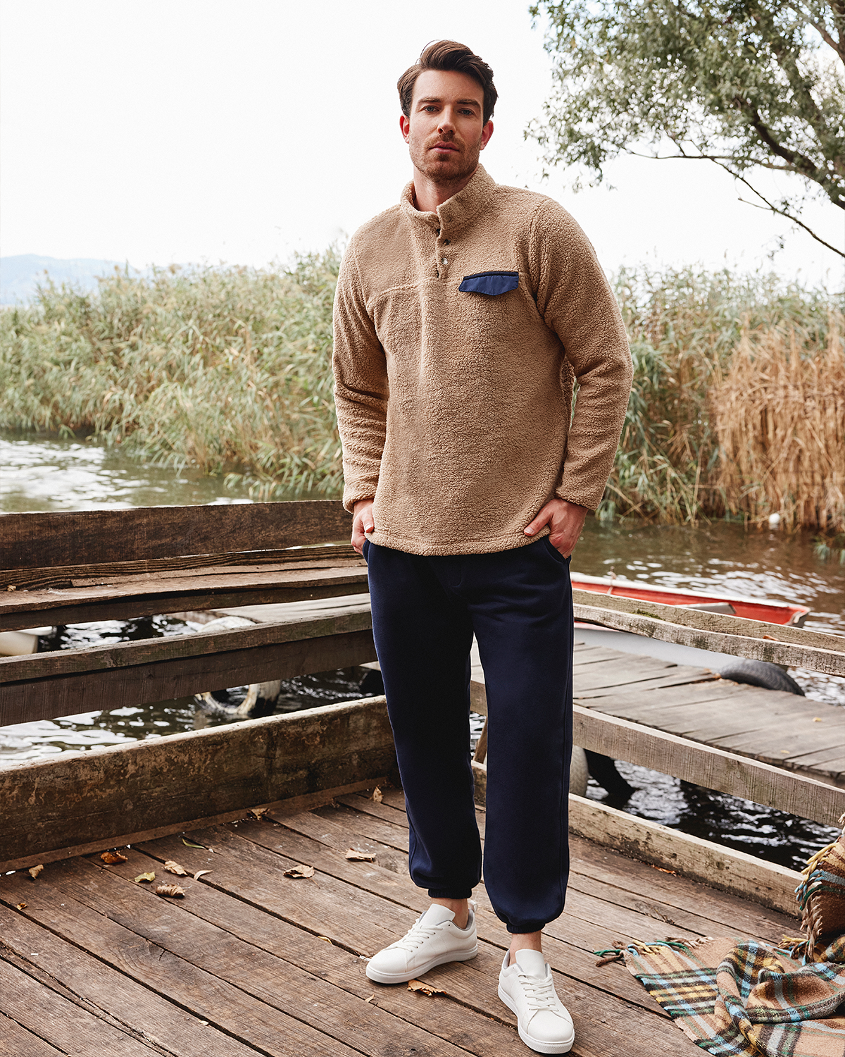 Men's Faux Fur Long sleeve pajama Evergreen embroidery 