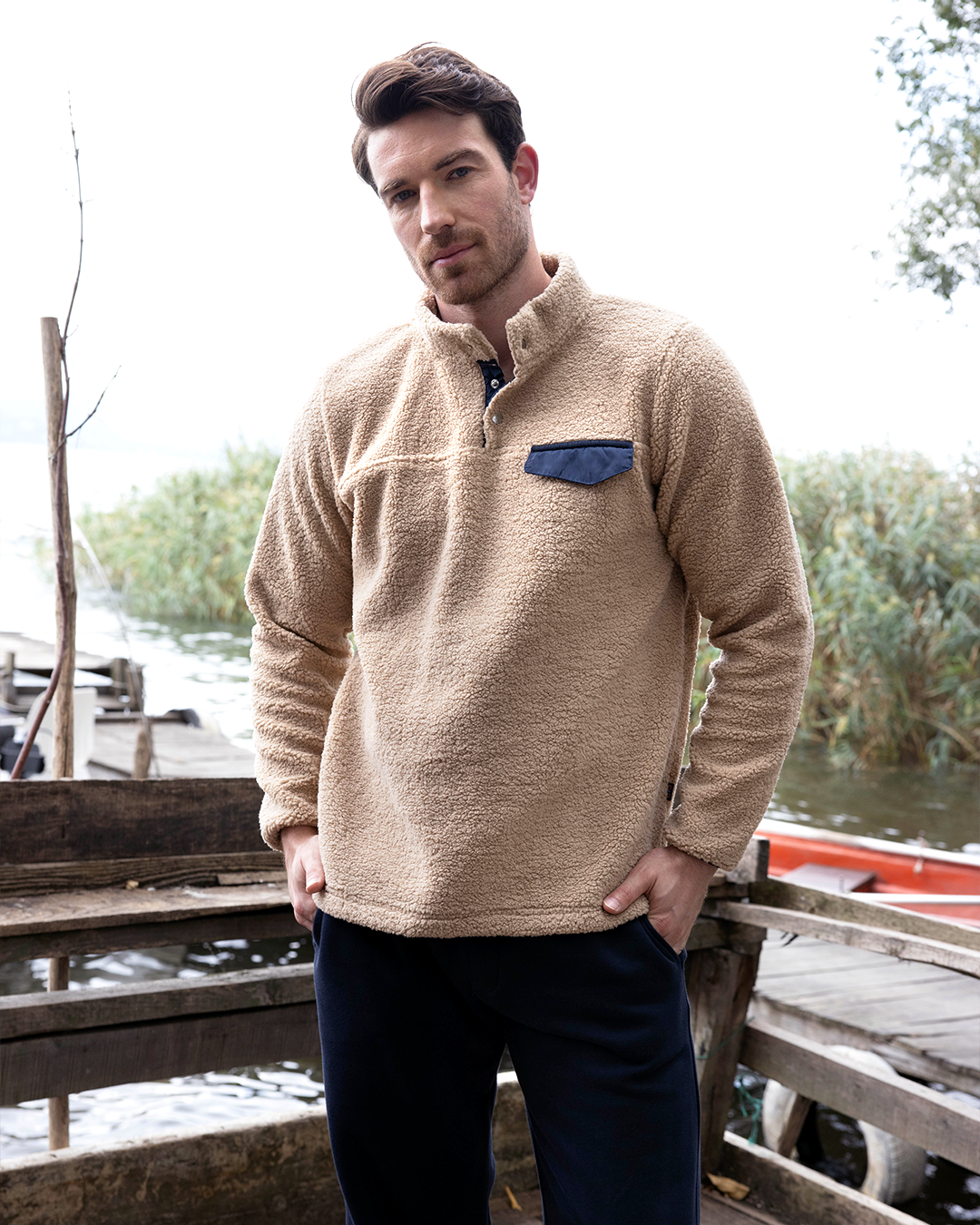 Men's Faux Fur Long sleeve pajama Evergreen embroidery 