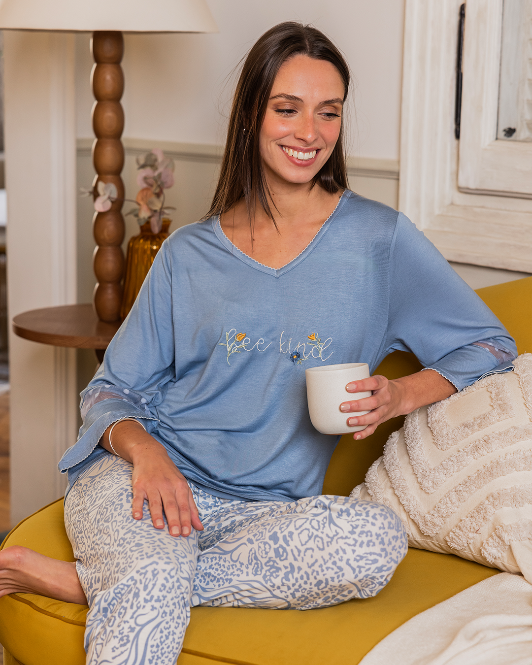 beekind Women's pajamas, long tiger trousers, lace T-shirt on the back, 3/4 sleeve