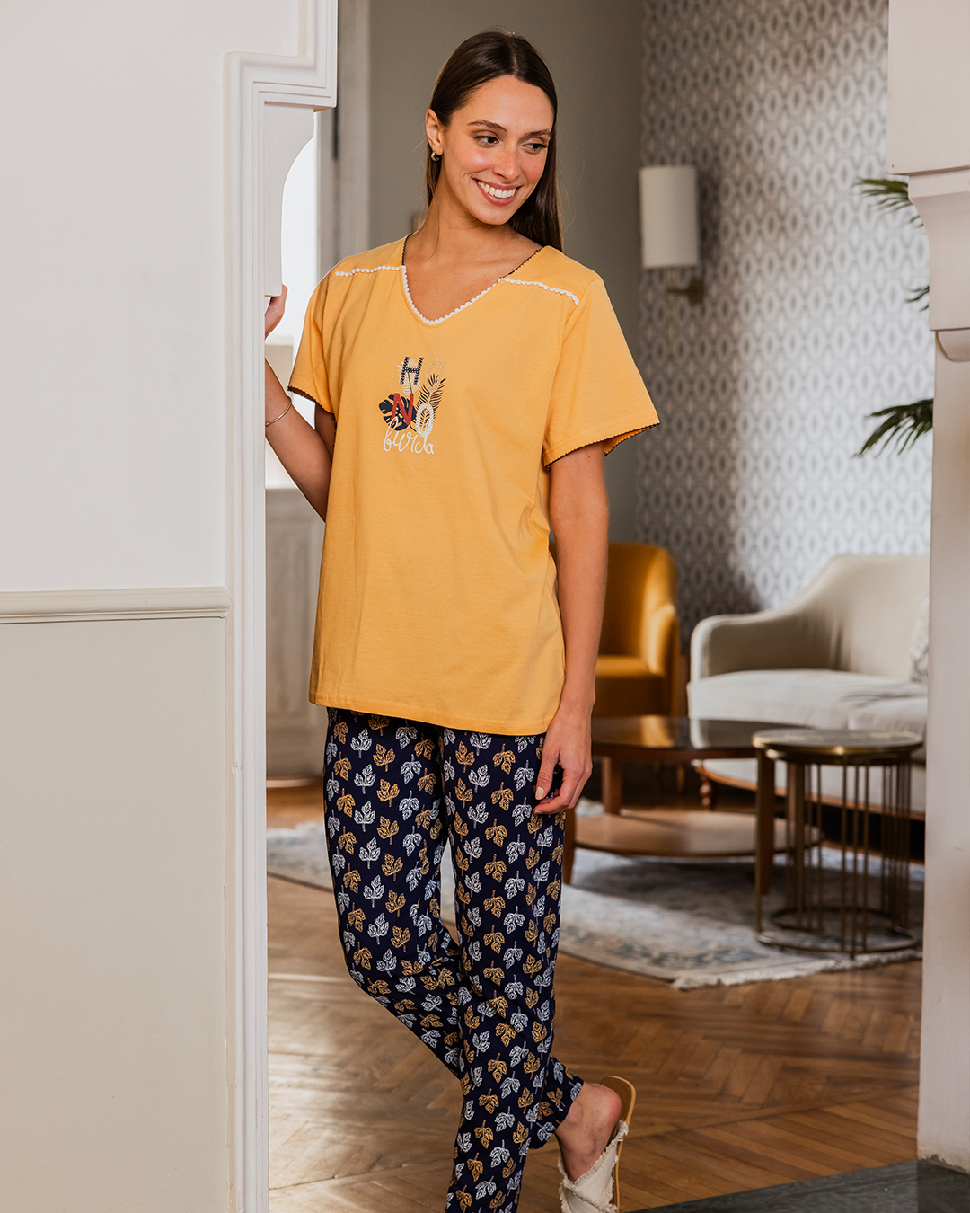 Ho No Burda Women's Bermuda Pajama Wide Shoulder Printed T-Shirt