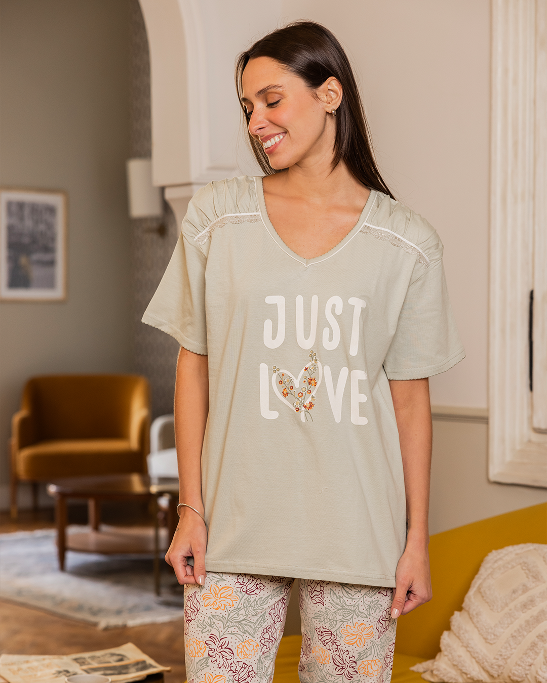 Just Love بيجامه حريمي بنطلون مشجر ورد طويل تيشرت نص كم طباعة كلمة