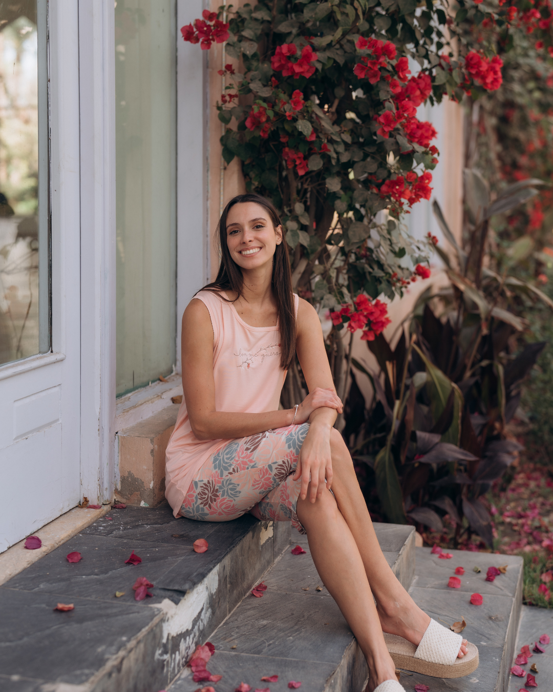 bem me guero Women's Bermuda Floral Pajamas Wide Shoulder T-Shirt with Rose Embroidery on the Chest