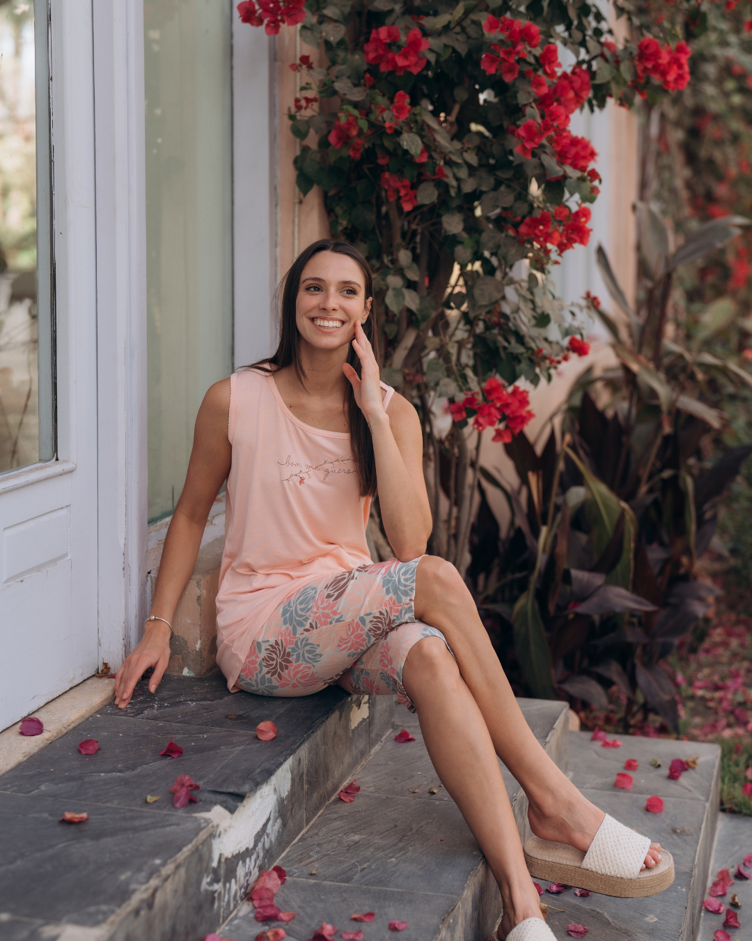 bem me guero Women's Bermuda Floral Pajamas Wide Shoulder T-Shirt with Rose Embroidery on the Chest