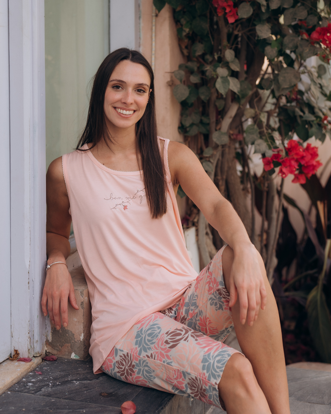 bem me guero Women's Bermuda Floral Pajamas Wide Shoulder T-Shirt with Rose Embroidery on the Chest