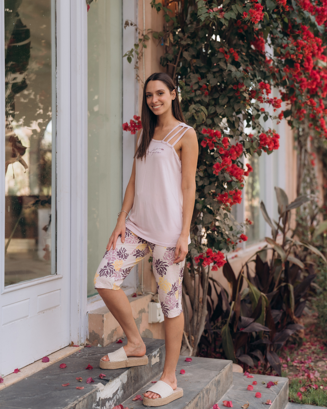 bem me guero Women's Bermuda Floral Pajamas Wide Shoulder T-Shirt with Rose Embroidery on the Chest