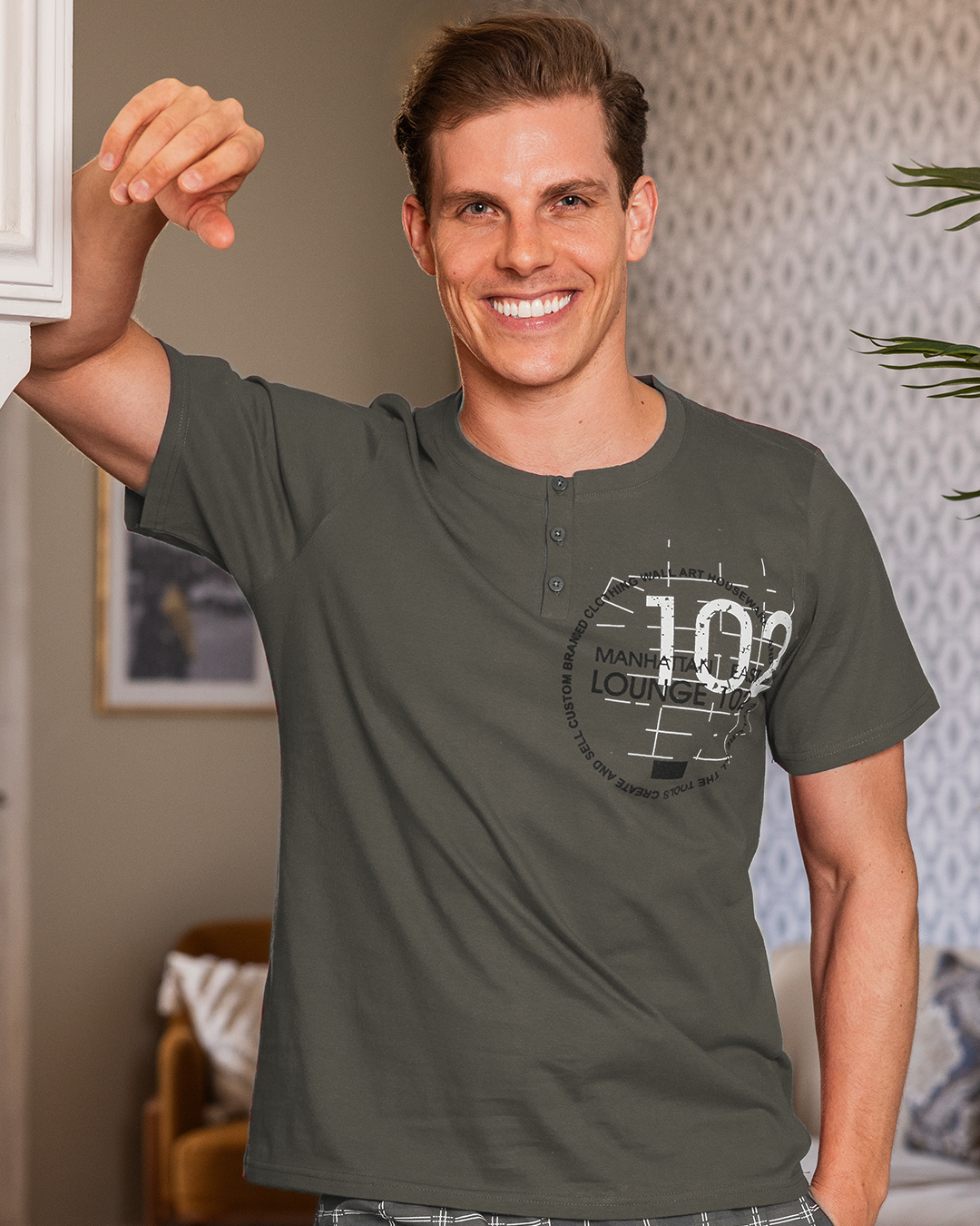 LOUNGE 102 Men's pajamas, long checked trousers, printed half-sleeve T-shirt