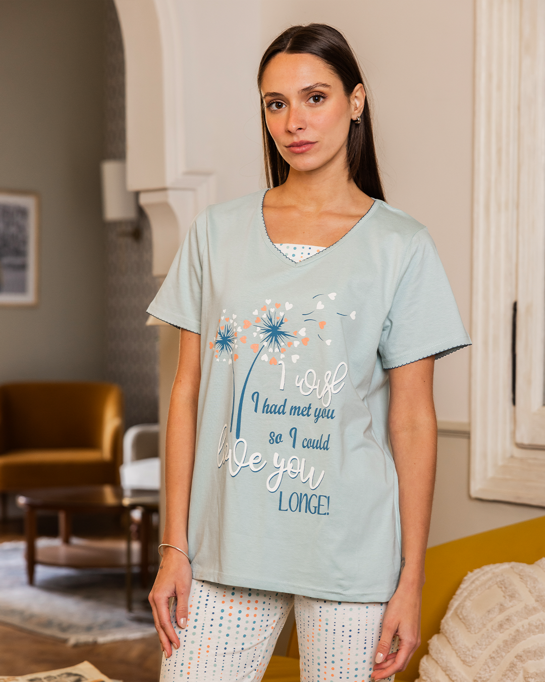 love you longe Women's pajamas, long dotted pants, half-sleeve T-shirt with print on the chest